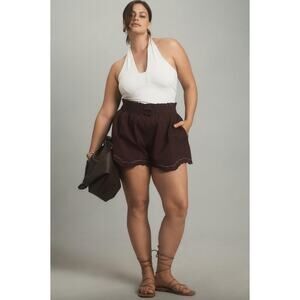 By Anthropologie Scallop-Hem Shorts drawstring maroon-ish brown 1X